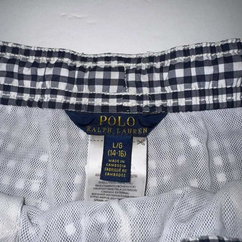 Polo Ralph Lauren Swim Short Size L (14-16) Blue White Gingham Drawstring Lined